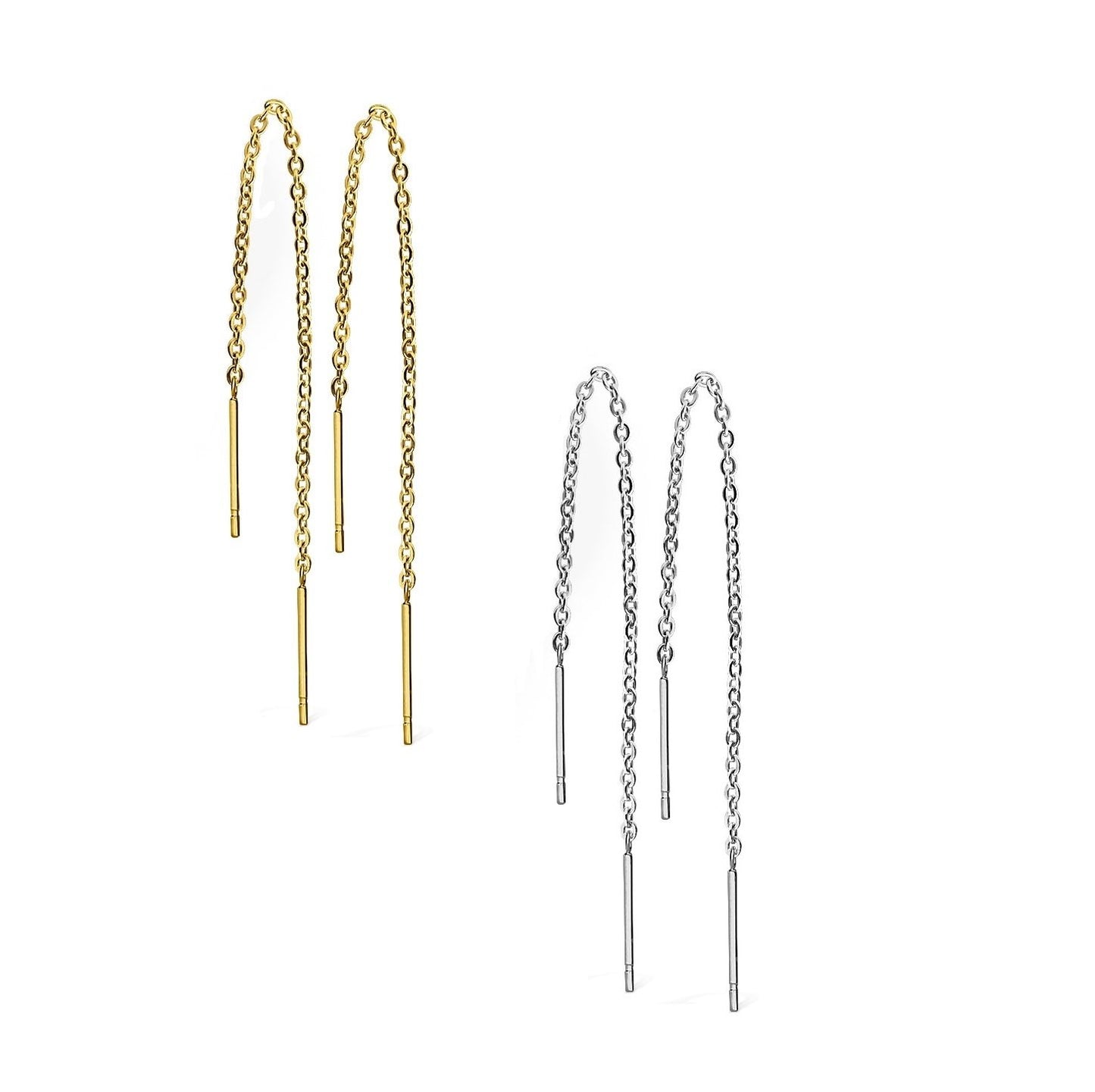 Damen 1 Paar Ohrhänger lange hängende Ketten 2 Stäbe Durchzieher e Ohrringe Set Ohrstecker Chirurgenstahl Silber Gold
