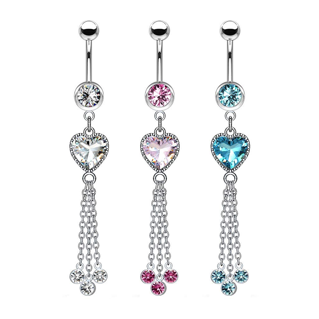 Bauchnabelpiercing Zirkonia Herz Ketten Anhänger Nabelpiercing Chirurgenstahl Bananabell Silber Clear Pink Aqua Stab 1,6/10mm