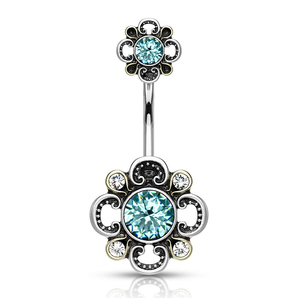 Bauchnabelpiercing Filigrane Blume 6 Zirkonia Nabelpiercing Chirurgenstahl Bananabell viele Farben Stab 1,6/10mm