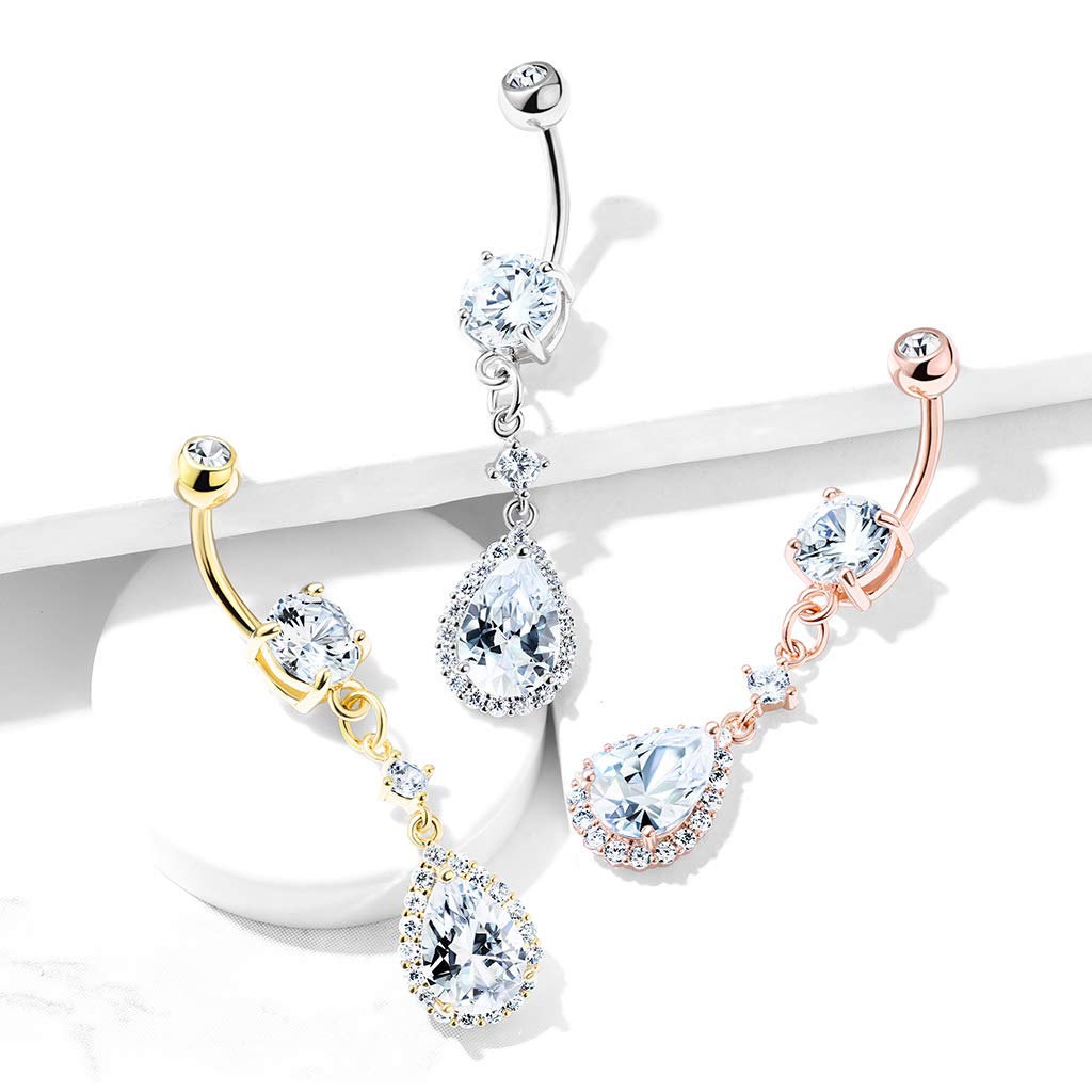 Bauchnabelpiercing Zirkonia Tropfen-Anhänger Nabelpiercing Chirurgenstahl Bananabell Silber Gold Roségold Clear Stab 1,6/10mm