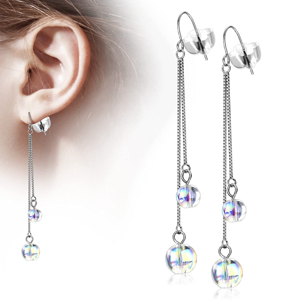 1 Paar Damen Ohrringe Regenbogen Kugel-Anhänger Doppel-Kette Ohrhänger Ohrstecker Silber