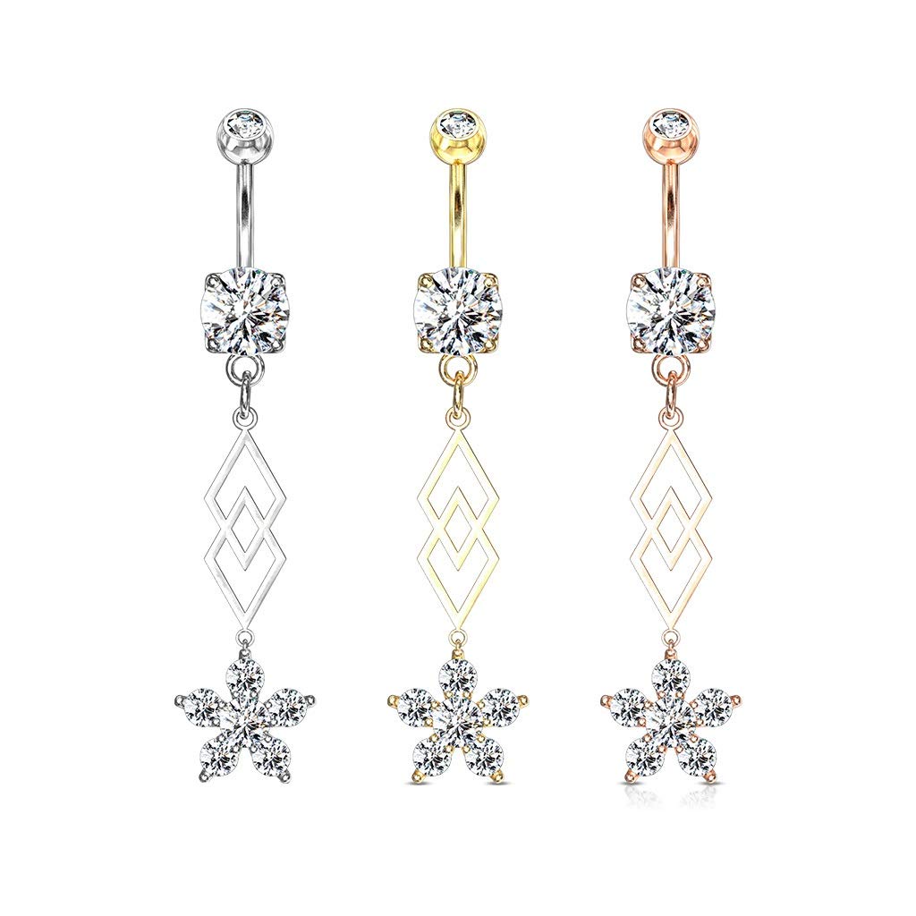 Bauchnabelpiercing Zirkonia Blumen-Anhänger Nabelpiercing Chirurgenstahl Bananabell Silber Gold Roségold Clear Stab 1,6/10mm