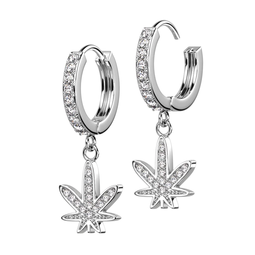 1 Paar Damen Creolen Ohrhänger Anhänger Hanf-Blatt Pavé Zirkonia Clear Ohrringe Ohrstecker Silber Gold