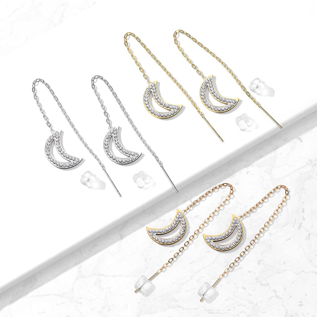 1 Paar Damen Ohrringe Durchzieher Kristall Pavé Clear Halbmond-Anhänger Ohrringe Ohrstecker Chirurgenstahl Silber Gold Roségold