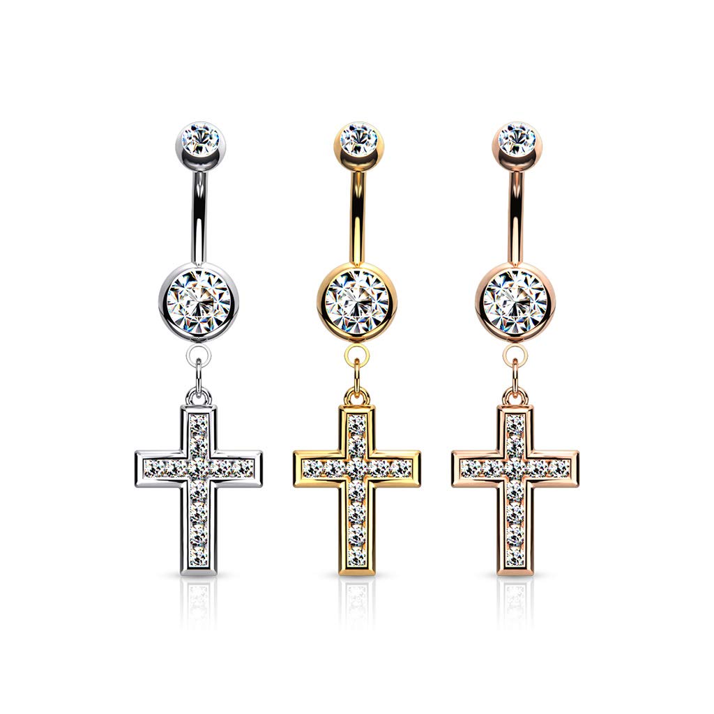 Bauchnabelpiercing Kristall Kreuz-Anhänger Nabelpiercing Chirurgenstahl Bananabell Silber Gold Roségold Clear Stab 1,6/10mm