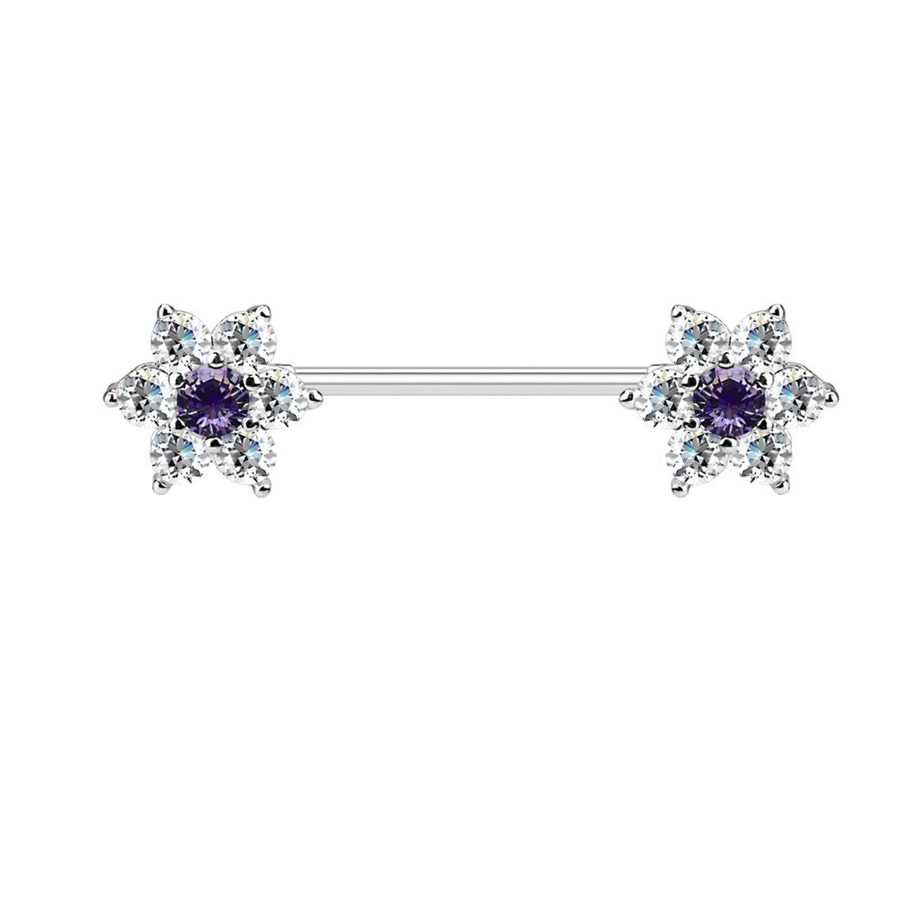 Brustwarzenpiercing GLITZERNDE ZIRKONIA-Blumen Brustpiercing Edelstahl Silber Roségold Gold Clear Pink Aqua Lila Blau 1,6mm 16mm