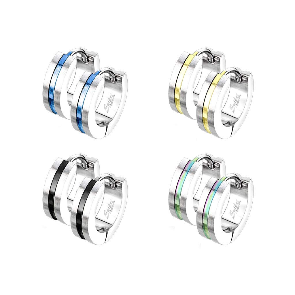 1 Paar Damen sandgebürstete CREOLE Mitte farbiger Streifen Ohrringe Ohrstecker Chirurgenstahl Silber Bunt 4,3mm