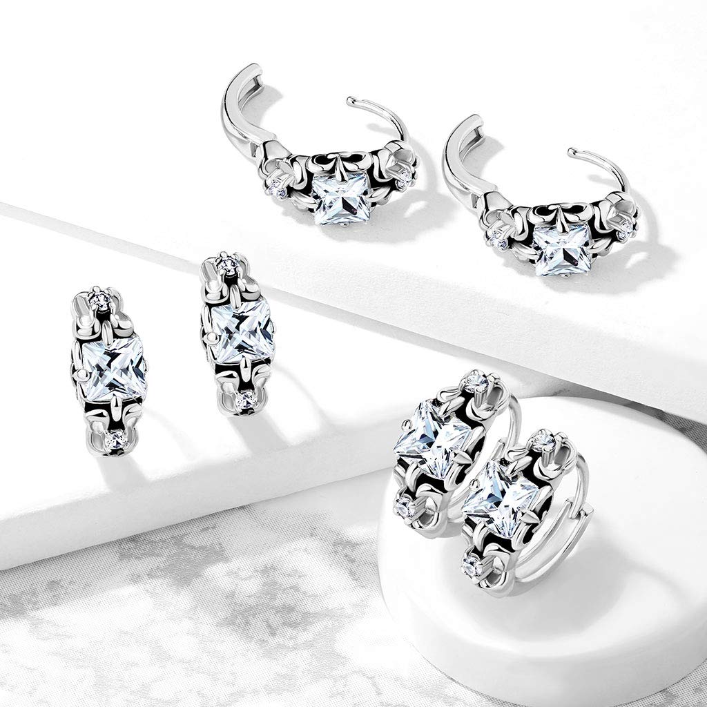 1 Paar Damen Creolen Antik-Silber Zirkonia-Quadrat Clear Ohrstecker Ohrringe Ohring Chirurgenstahl Klapp-Verschluss