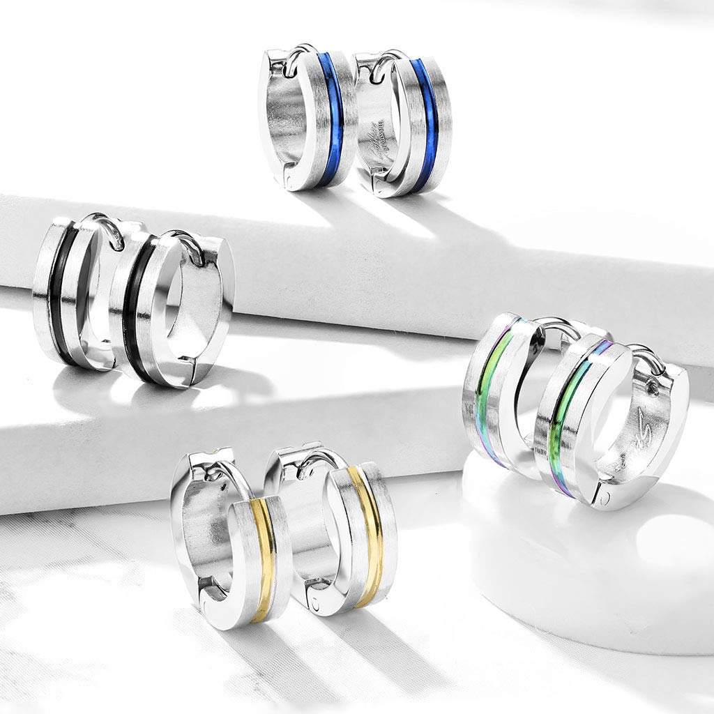 1 Paar Damen sandgebürstete CREOLE Mitte farbiger Streifen Ohrringe Ohrstecker Chirurgenstahl Silber Bunt 4,3mm