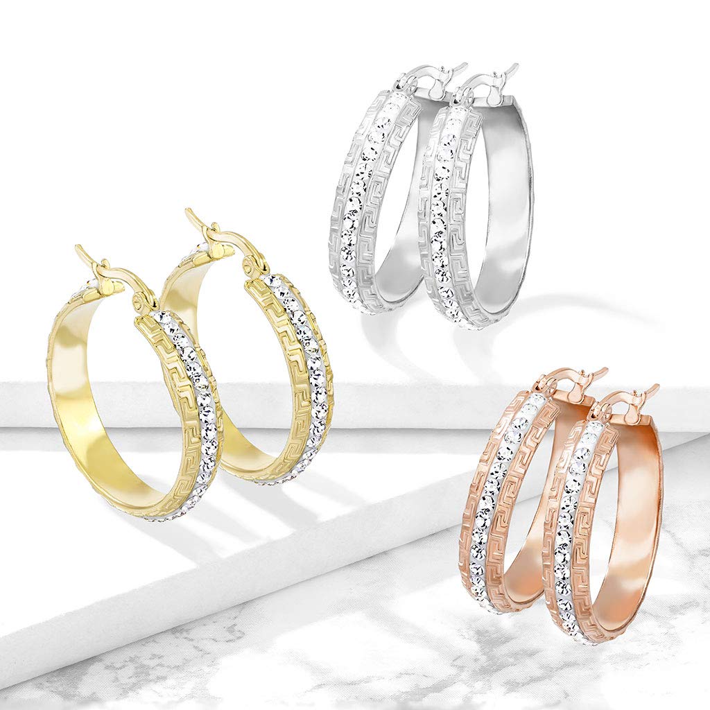 1 Paar Damen Ohrringe CREOLE 6mm breit Zirkonia-Mitte Muster Ohrstecker Chirurgenstahl Gold Roségold Silber Clear 30mm