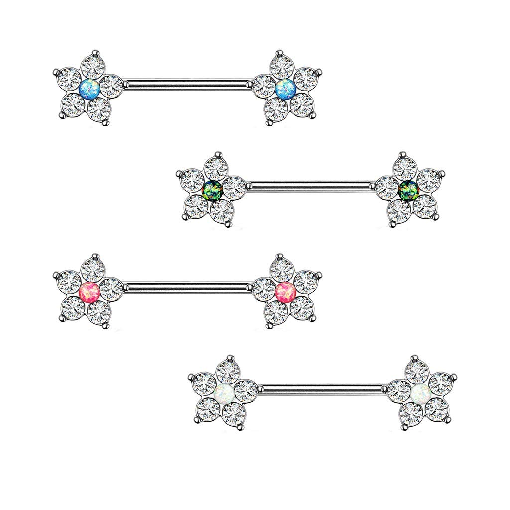 Brustwarzenpiercing Glitzer-Opal Blume 5 Zirkonia Brustpiercing Nippelpiercing Chirurgenstahl viele Farben Stab 1,6/14mm