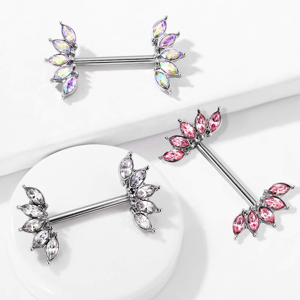 Brustwarzenpiercing Kristall-Fächer Brustpiercing Nippelpiercing Chirurgenstahl Silber Regenbogen Clear Pink Stab 1,6/16mm