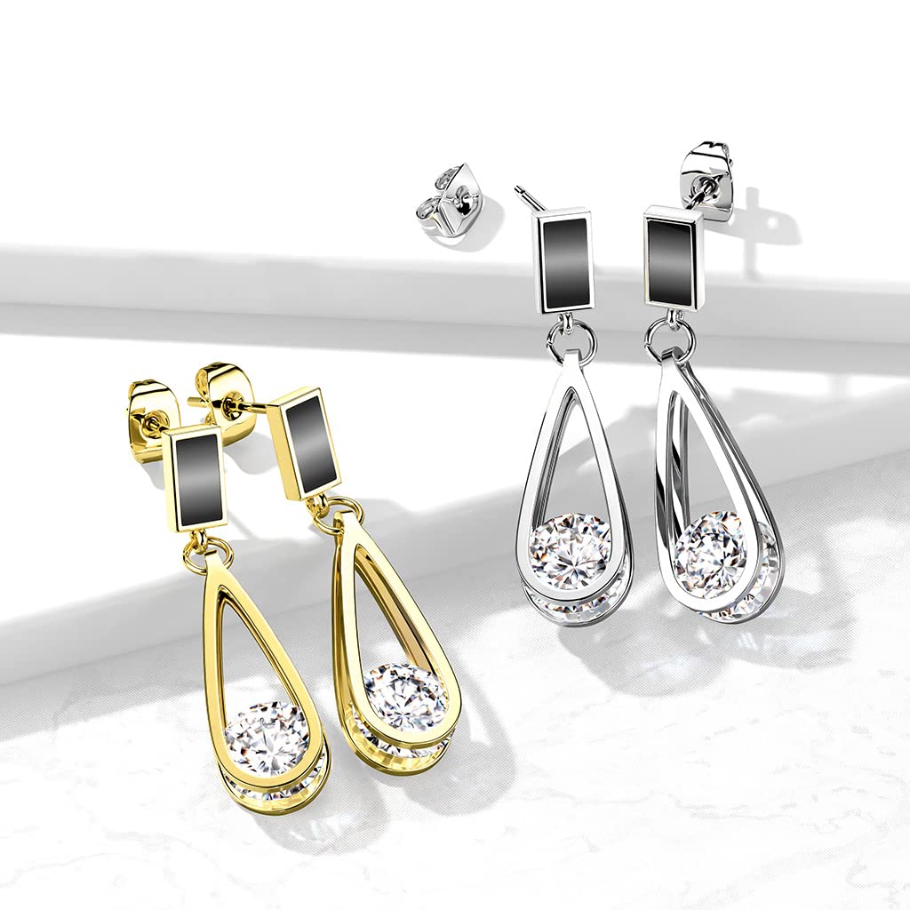 1 Paar Damen Ohrstecker schwarzer Enamel Tropfen-Anhänger Zirkonia Clear Chirurgenstahl Ohrringe Ohrhänger Silber Gold