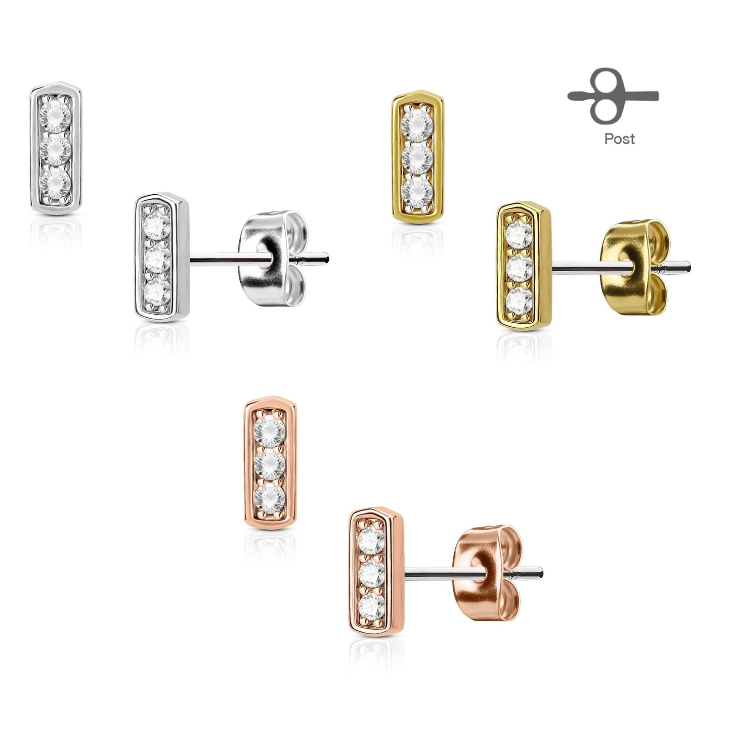 1 Paar Ohrringe Set Stecker Edelstahl Chirurgenstahl Bar 3 clear Zirkonia silber roségold gold