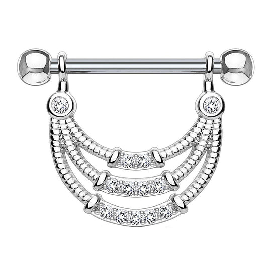 Brustwarzenpiercing ANHÄNGER 3 Reihen ZIRKONIA Brustpiercing Nippelpiercing Edelstahl Clear Gold Silber ROSÈGOLD 1,6mm 14mm