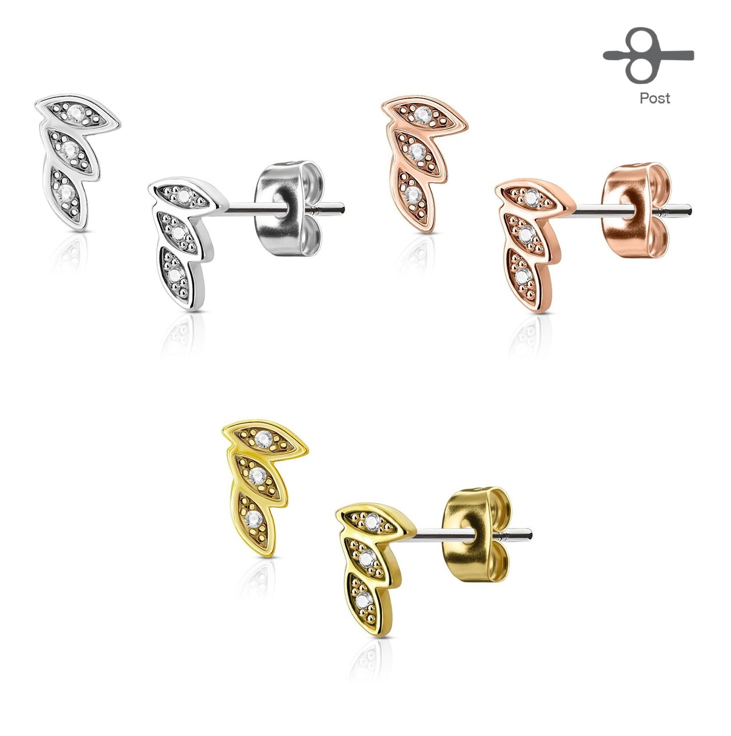1 Paar Ohrringe Set Stecker Edelstahl Chirurgenstahl 3 Blaetter Leaves clear Zirkonia gold silber roségold