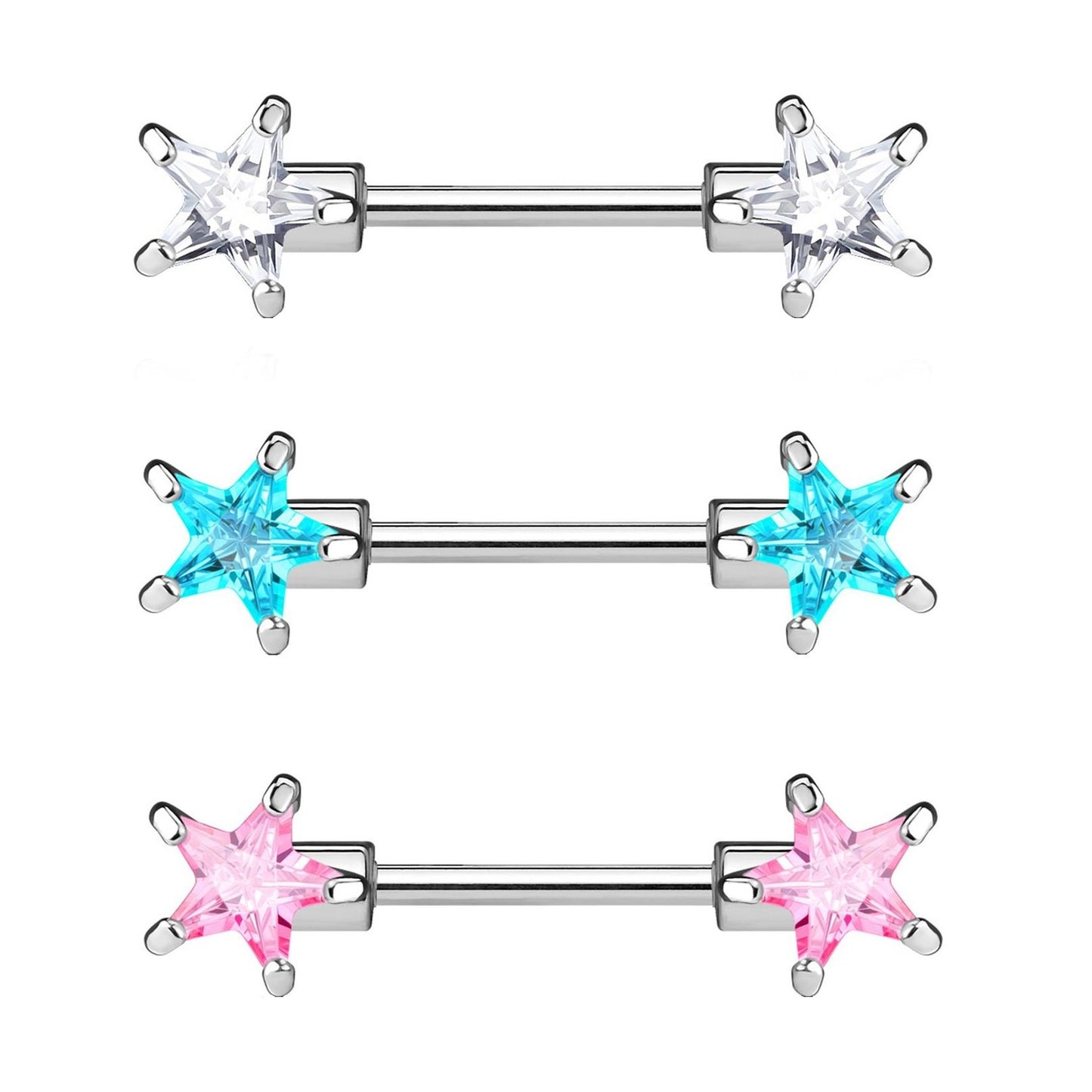Brustwarzenpiercing ZIRKONIA Sterne Brustpiercing Intimpiercing CHIRURGENSTAHL Silber Clear Pink Aqua Stab 1,6mm 12mm