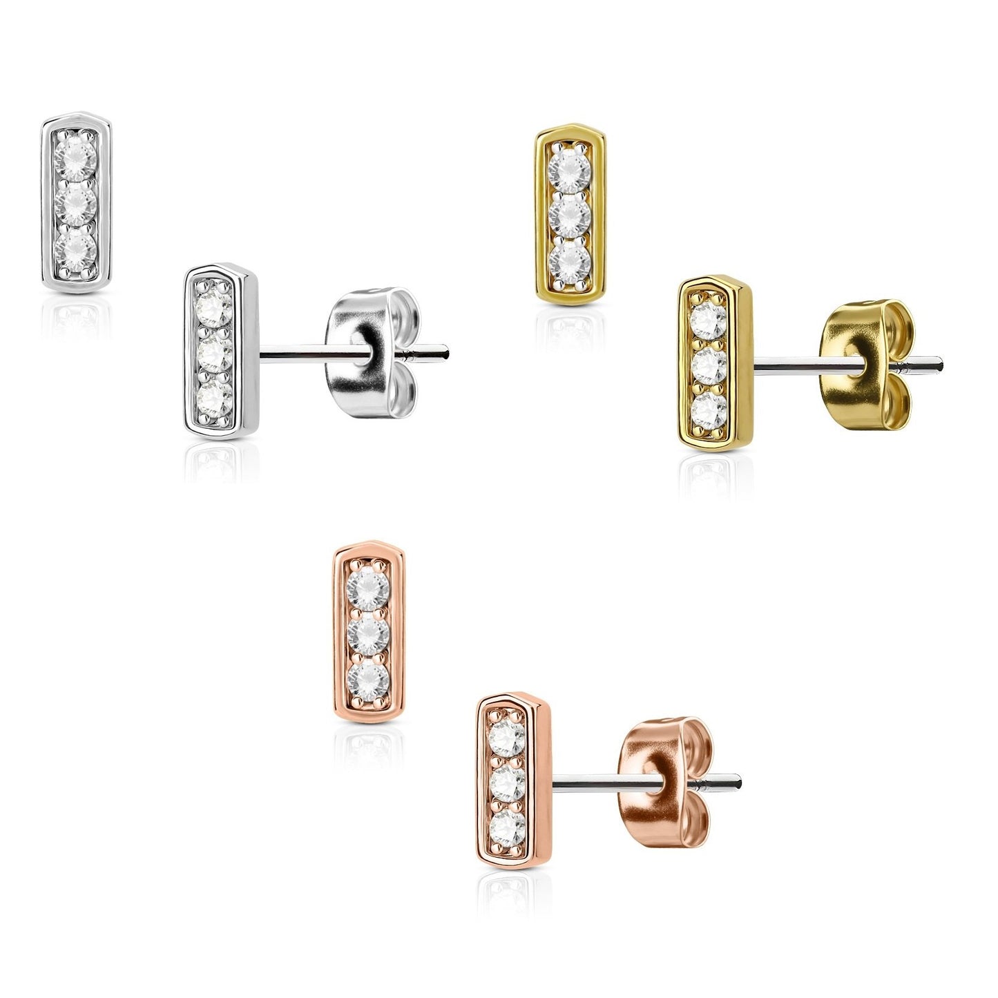 1 Paar Ohrringe Set Stecker Edelstahl Chirurgenstahl Bar 3 clear Zirkonia silber roségold gold