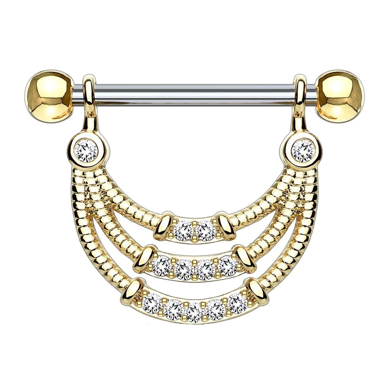 Brustwarzenpiercing ANHÄNGER 3 Reihen ZIRKONIA Brustpiercing Nippelpiercing Edelstahl Clear Gold Silber ROSÈGOLD 1,6mm 14mm