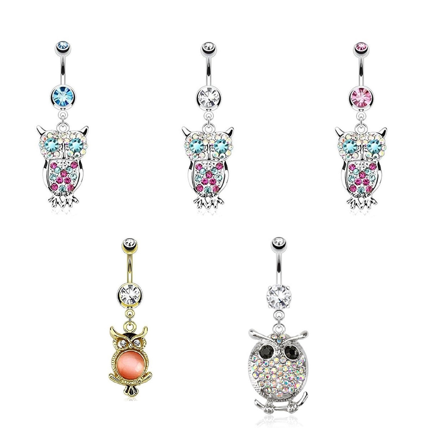 Bauchnabelpiercing Eule Anhänger 1,6mm 10mm Nabelpiercing Chirurgenstahl Bananabell Zirkonia 14 Karat Gold Silber Clear Pink Aqua