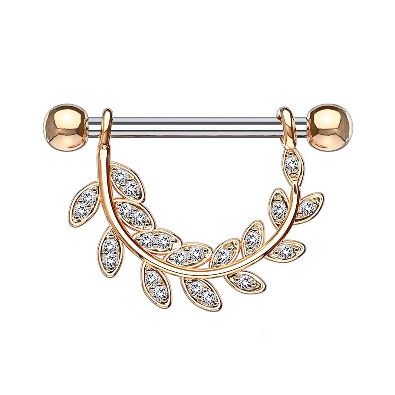 Brustwarzenpiercing ZIRKONIA-BESETZTE BLÄTTER Brustpiercing Nippelpiercing Edelstahl Clear Gold Silber ROSÈGOLD 1,6mm 14mm