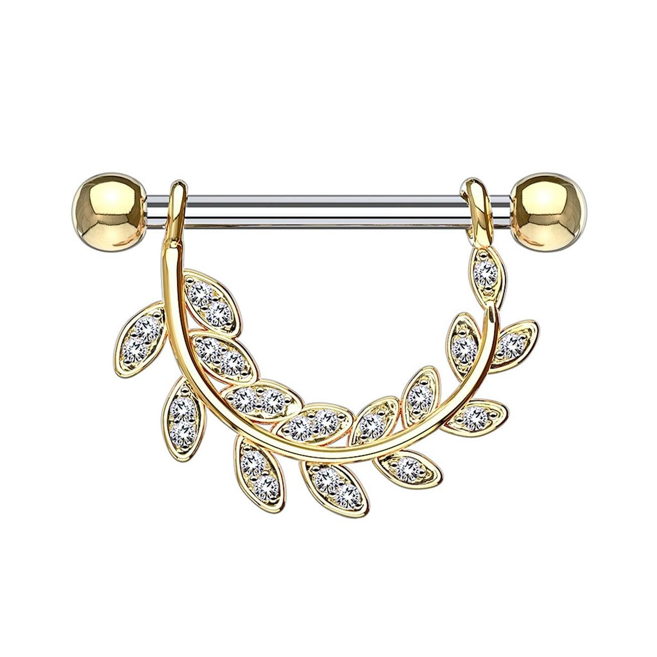 Brustwarzenpiercing ZIRKONIA-BESETZTE BLÄTTER Brustpiercing Nippelpiercing Edelstahl Clear Gold Silber ROSÈGOLD 1,6mm 14mm