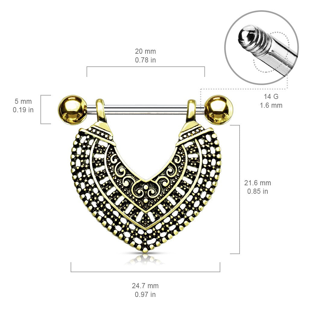 Brustwarzenpiercing Vintage-Herz Gold Silber Brustpiercing Nippelpiercing Intimpiercing Chirurgenstahl Stab 14mm