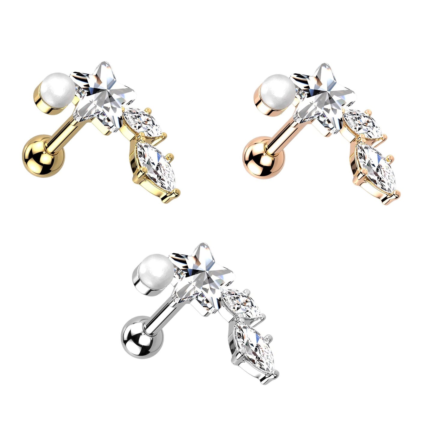 Knorpel Ohrstecker Stern Zirkonia Clear Perle Weiß Piercings Chirurgenstahl Schraubverschluss Stab 6mm lang viele Farben