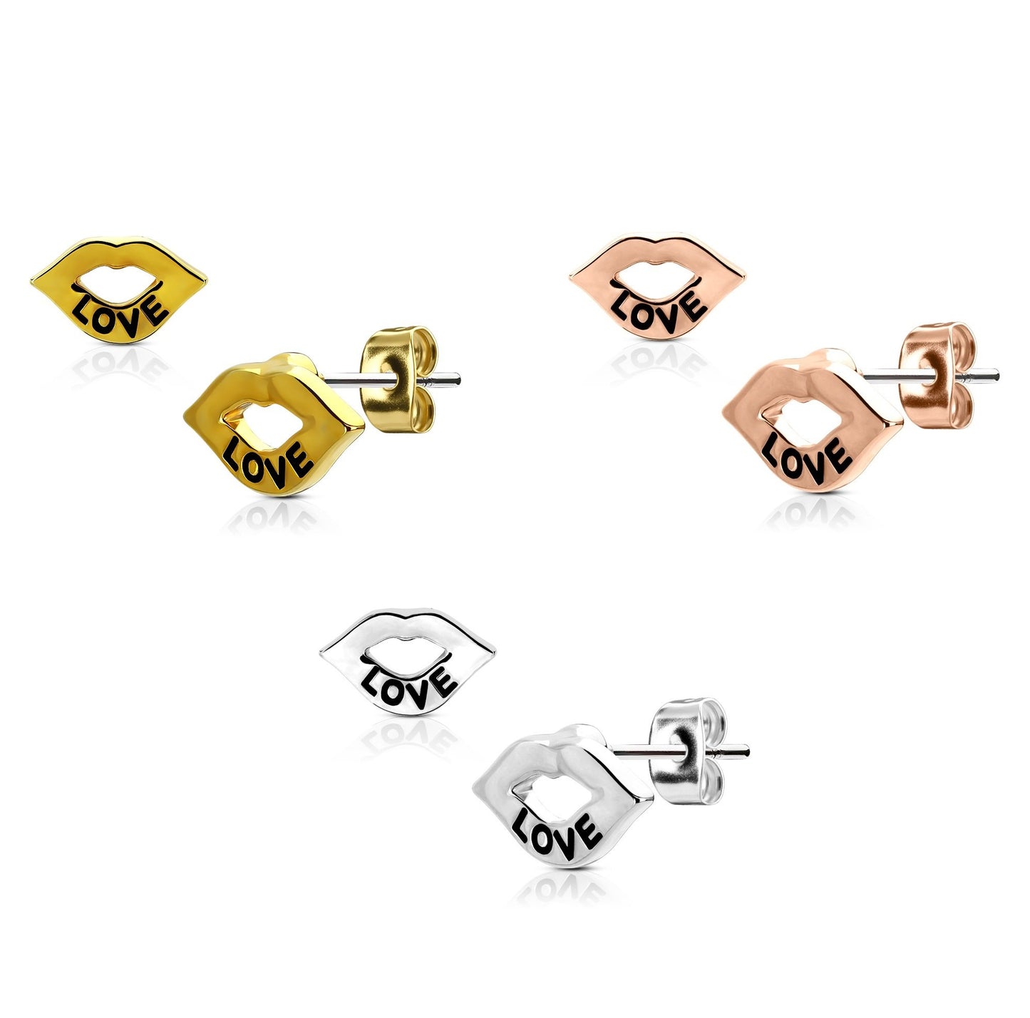 1 Paar Ohrringe Set Stecker Edelstahl Chirurgenstahl Lippen Love Liebe silber roségold gold