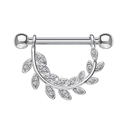 Brustwarzenpiercing ZIRKONIA-BESETZTE BLÄTTER Brustpiercing Nippelpiercing Edelstahl Clear Gold Silber ROSÈGOLD 1,6mm 14mm