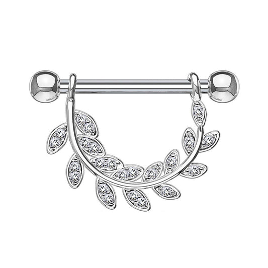 Brustwarzenpiercing ZIRKONIA-BESETZTE BLÄTTER Brustpiercing Nippelpiercing Edelstahl Clear Gold Silber ROSÈGOLD 1,6mm 14mm