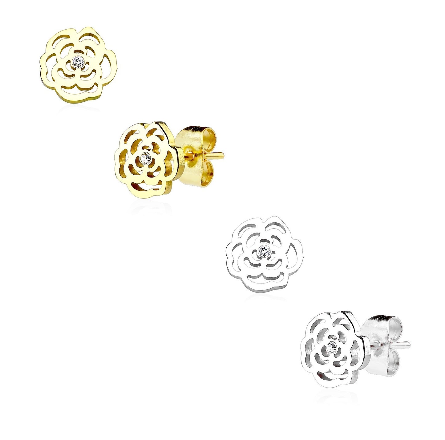 1 Paar Ohrringe Set Ohrstecker Edelstahl Chirurgenstahl Rose Blume clear Zirkonia gold silber