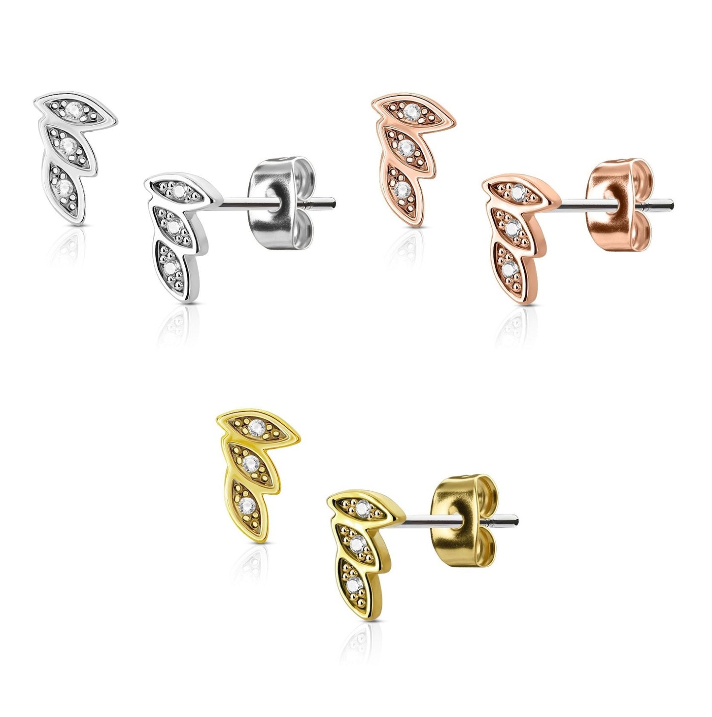 1 Paar Ohrringe Set Stecker Edelstahl Chirurgenstahl 3 Blaetter Leaves clear Zirkonia gold silber roségold