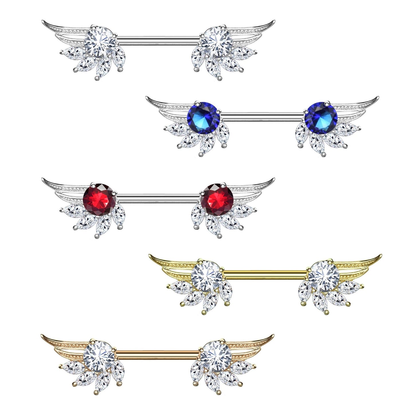 Brustwarzenpiercing ZIRKONIA Engels-FLÜGEL Brustpiercing Nippelpiercing Edelstahl Silber Roségold Gold Stab 1,6mm 14mm