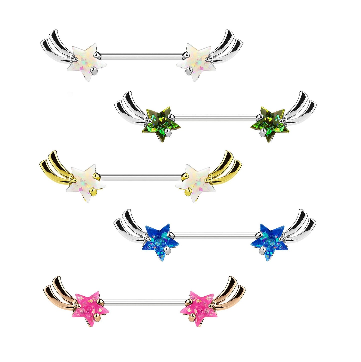 Brustwarzenpiercing Stern-SCHNUPPE Brustpiercing Intimpiercing Edelstahl Glitzer-Opal Silber Gold Roségold Stab 1,6mm 14mm