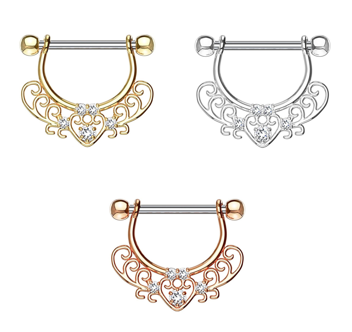 FILIGRANES Herz ZIRKONIA Brustwarzenpiercing Brustpiercing Intimpiercing Edelstahl Silber Roségold Gold Clear Stab 1,6mm 12mm