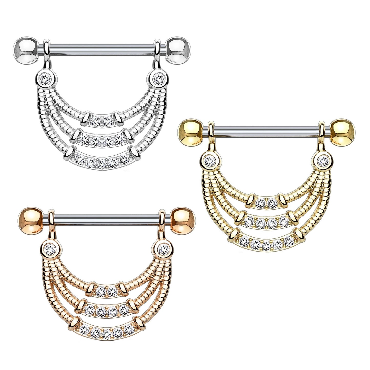 Brustwarzenpiercing ANHÄNGER 3 Reihen ZIRKONIA Brustpiercing Nippelpiercing Edelstahl Clear Gold Silber ROSÈGOLD 1,6mm 14mm