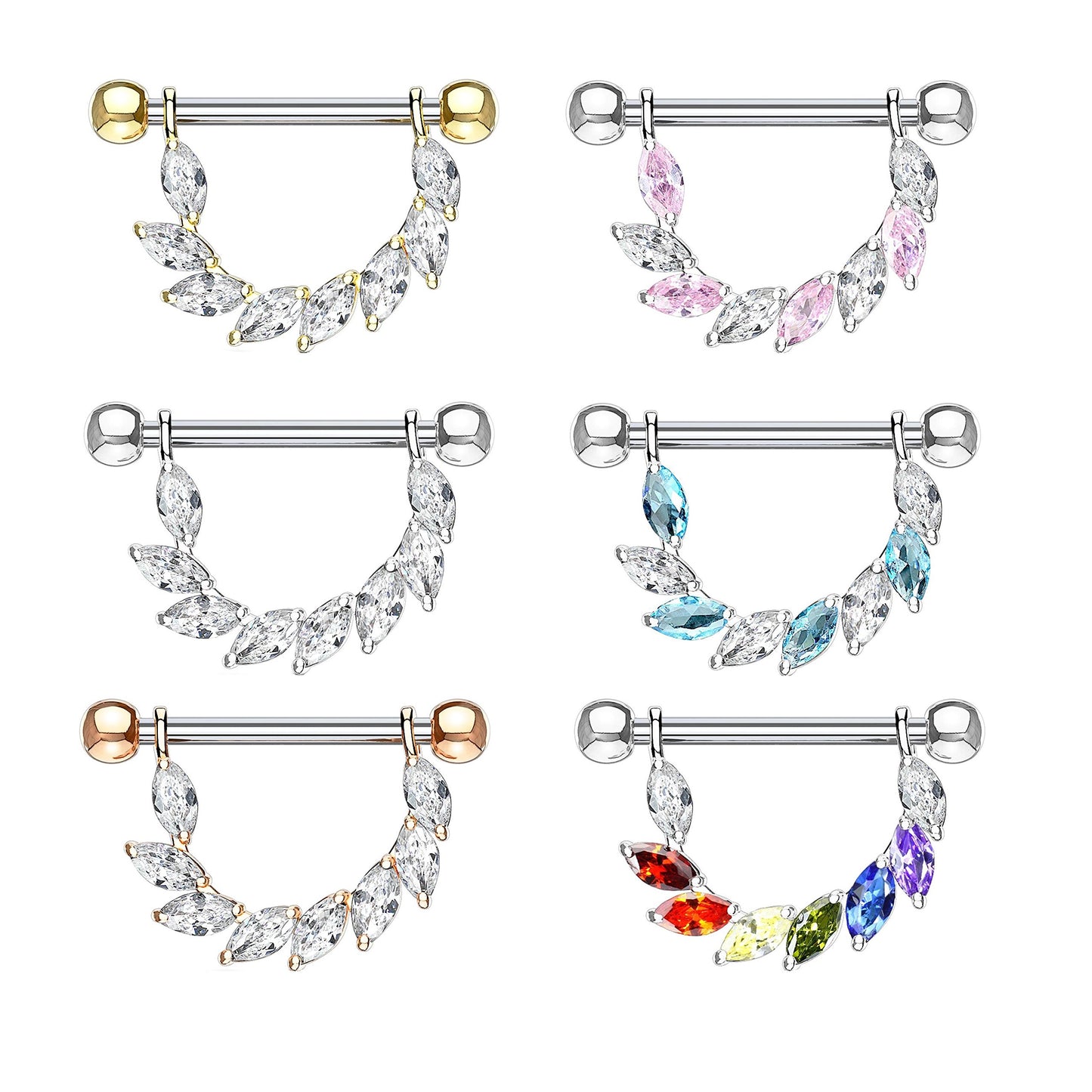 Brustwarzenpiercing FUNKELNDER BLÄTTER-Kranz Brustpiercing Edelstahl Silber Gold Roségold viele Farben Stab 1,6mm 14mm
